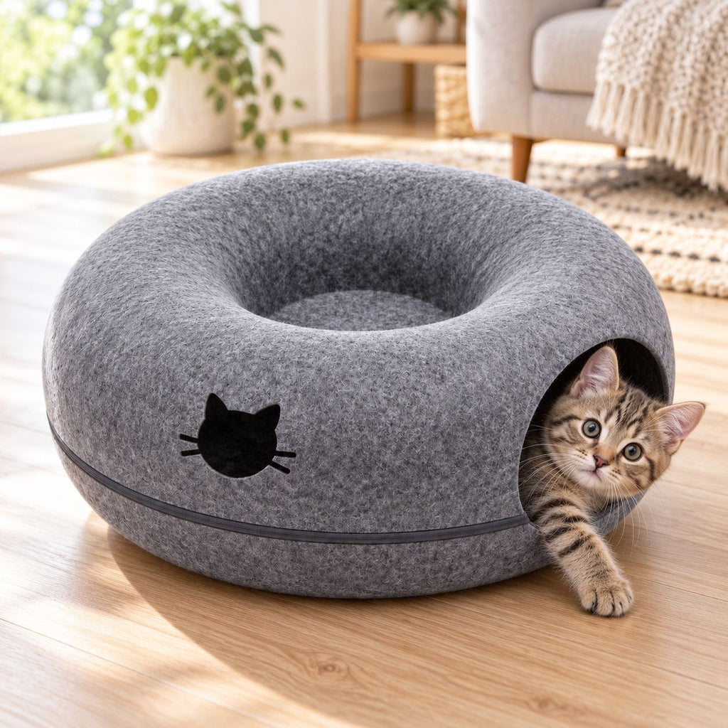 Gatito asomándose a la cama túnel donut