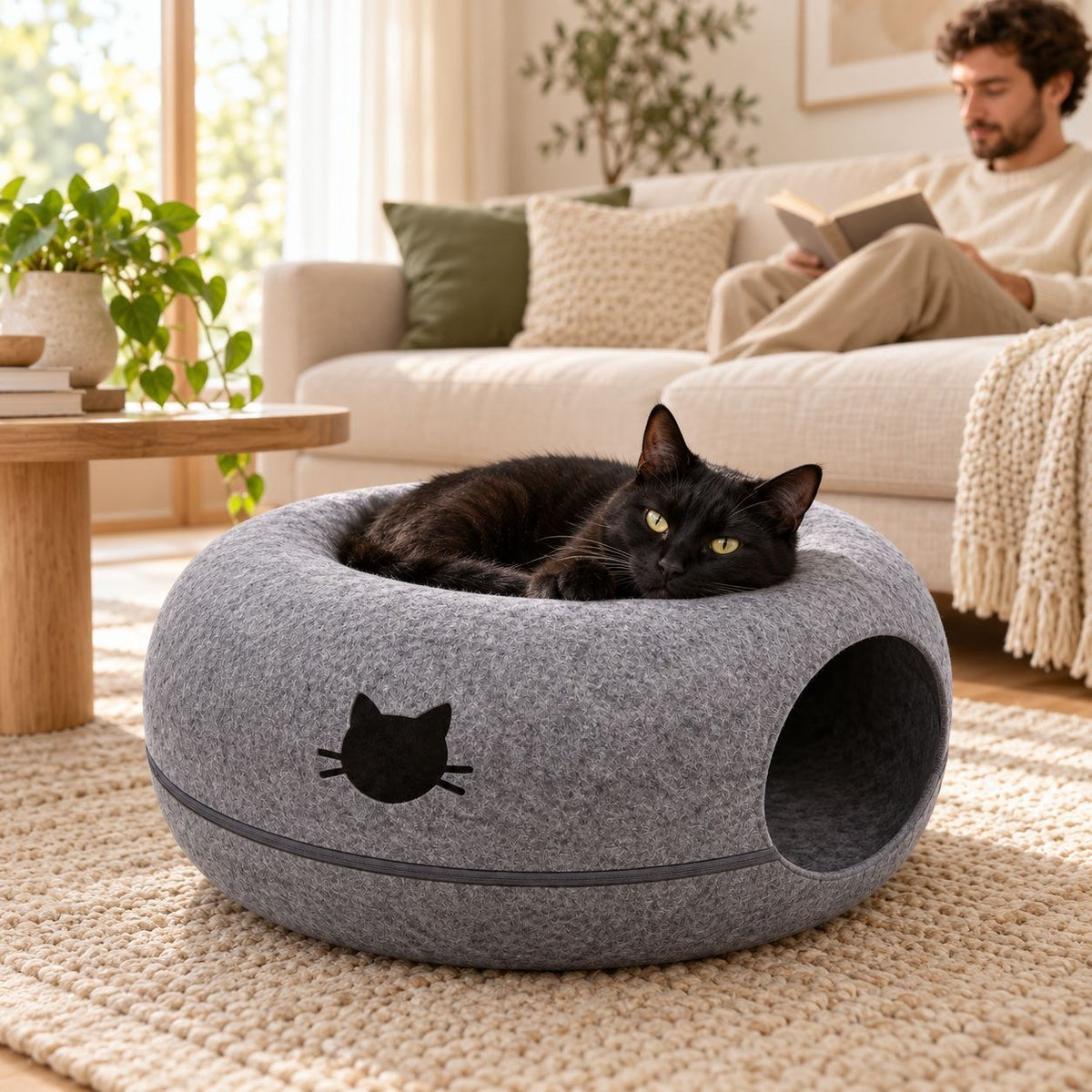 Gato negro descansando en la cama túnel en el salón