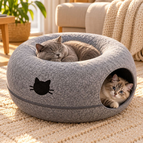 Dos gatos en la cama túnel donut de fieltro LaMiauu