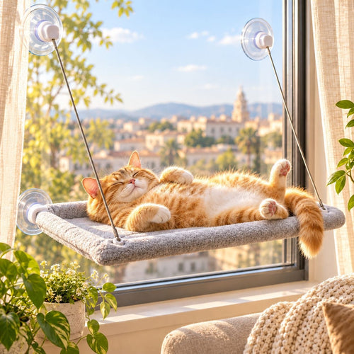 Gato naranja tomando el sol en la hamaca de ventana