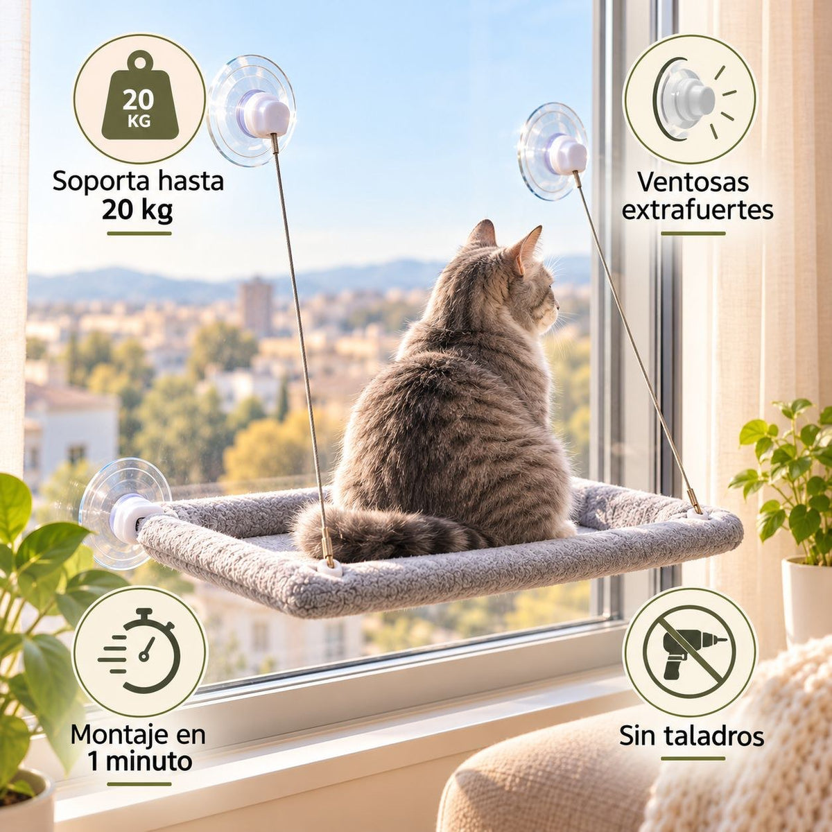 Hamaca de ventana: soporta 20 kg, ventosas extrafuertes, montaje en 1 minuto, sin taladros