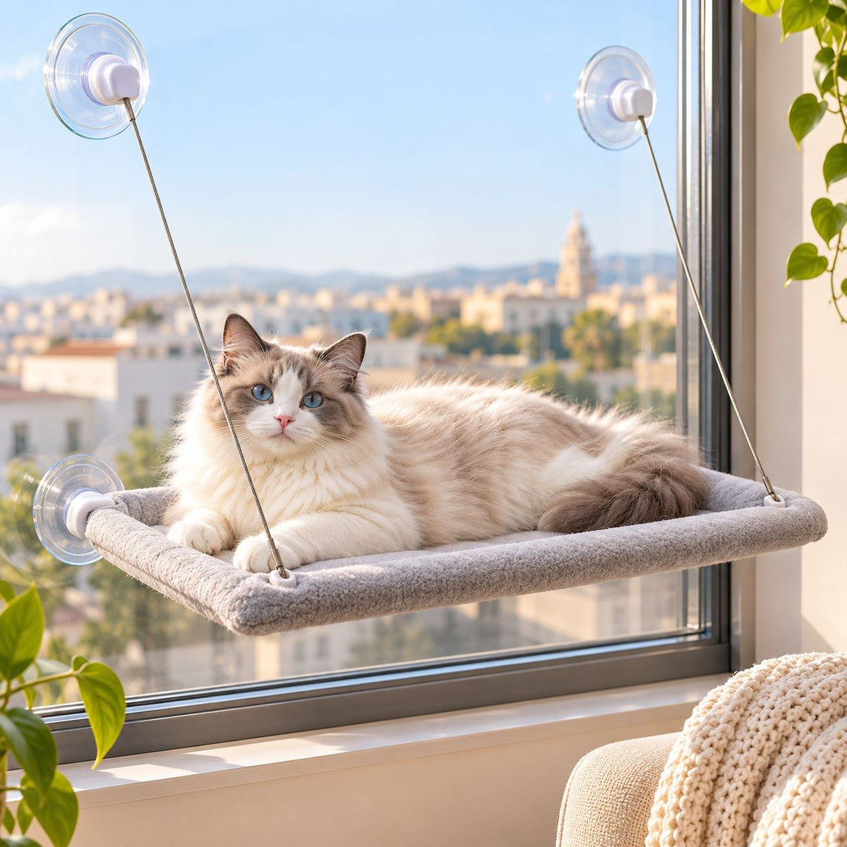 Gato tumbado en la hamaca de ventana LaMiauu con ventosas