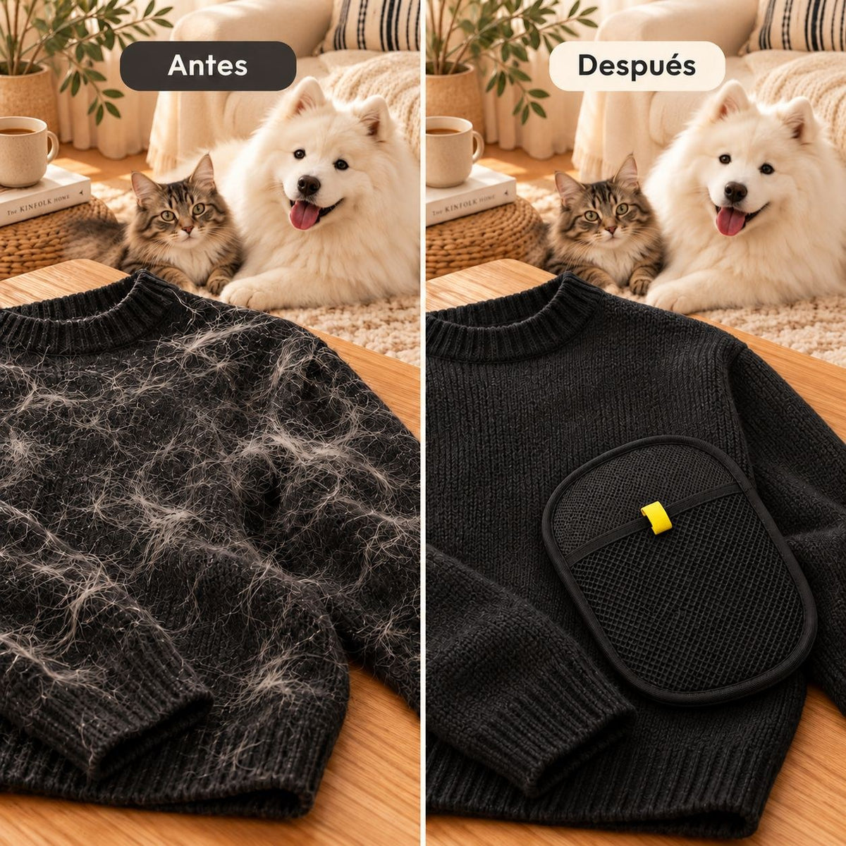 Antes y después: sofá sin pelos de perro y gato con las manoplas quitapelos LaMiauu