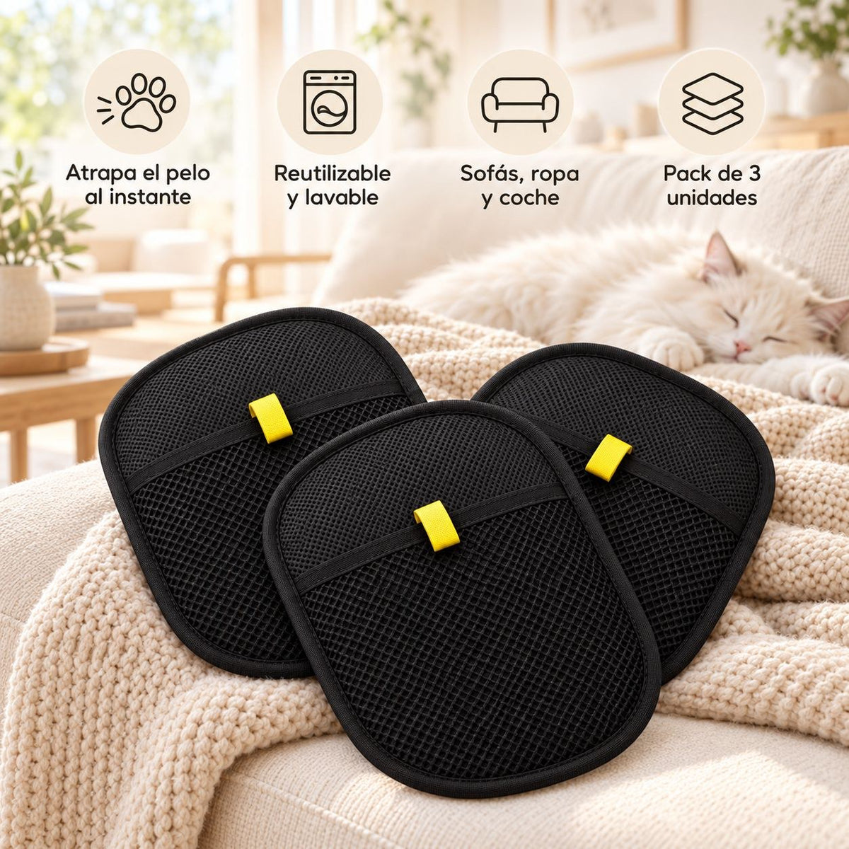 Manoplas quitapelos LaMiauu: reutilizables, lavables, pack de 3