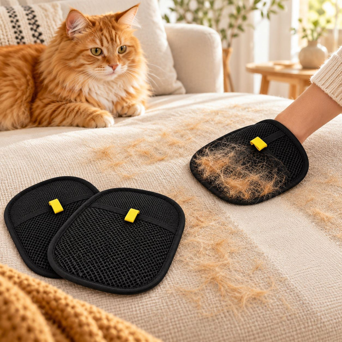 Manopla quitapelos LaMiauu quitando pelo de gato del sofá