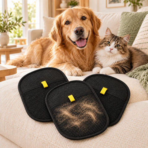 Manoplas quitapelos LaMiauu con pelo de mascota recogido en el sofá